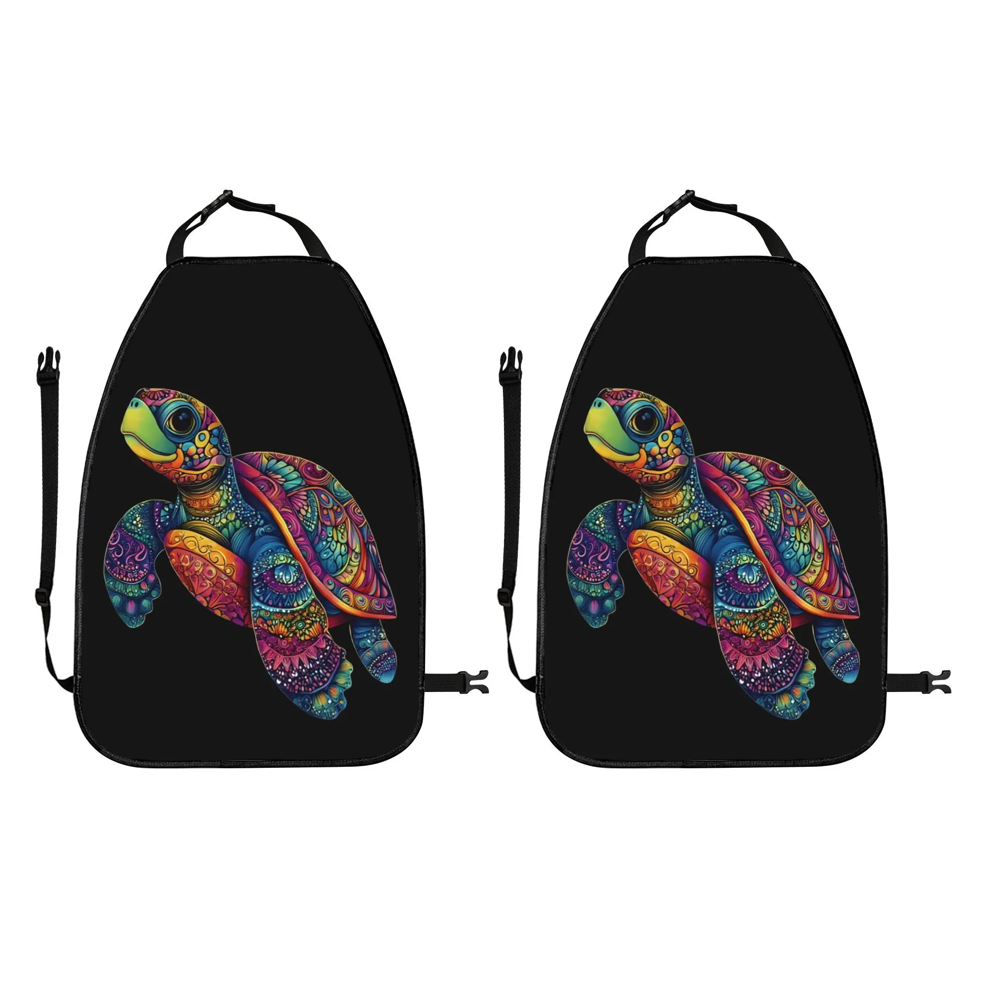 2D Flat 2pcs Bohemian Sea Turtle Car Seat Backrest Storage Bag - Adjustable, Multifunctional, Anti-Kick Polyester Storage Bag. C