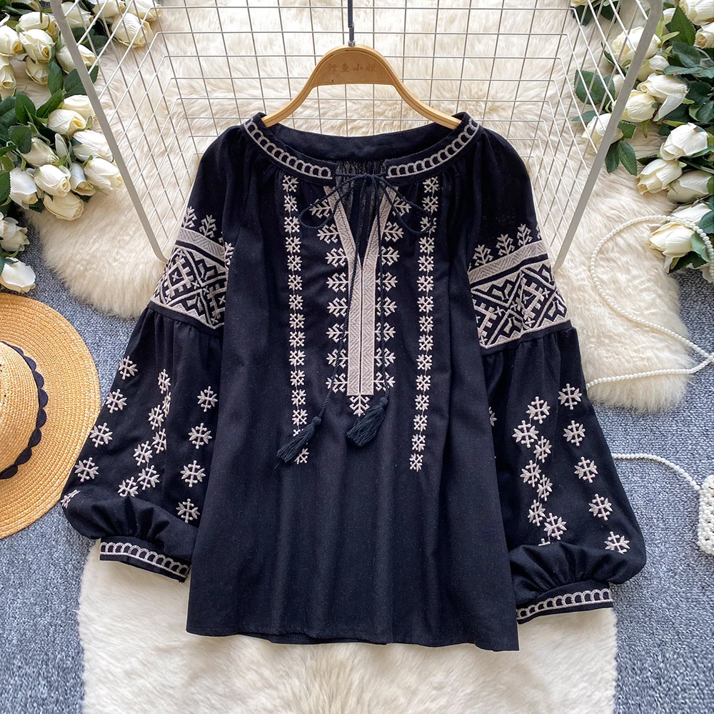 Women's Embroidered Blouse Vintage Ethnic Loose Fit Lantern Sleeve Shirt  Tie Front Breathable Fabric Top Casual Female BL429