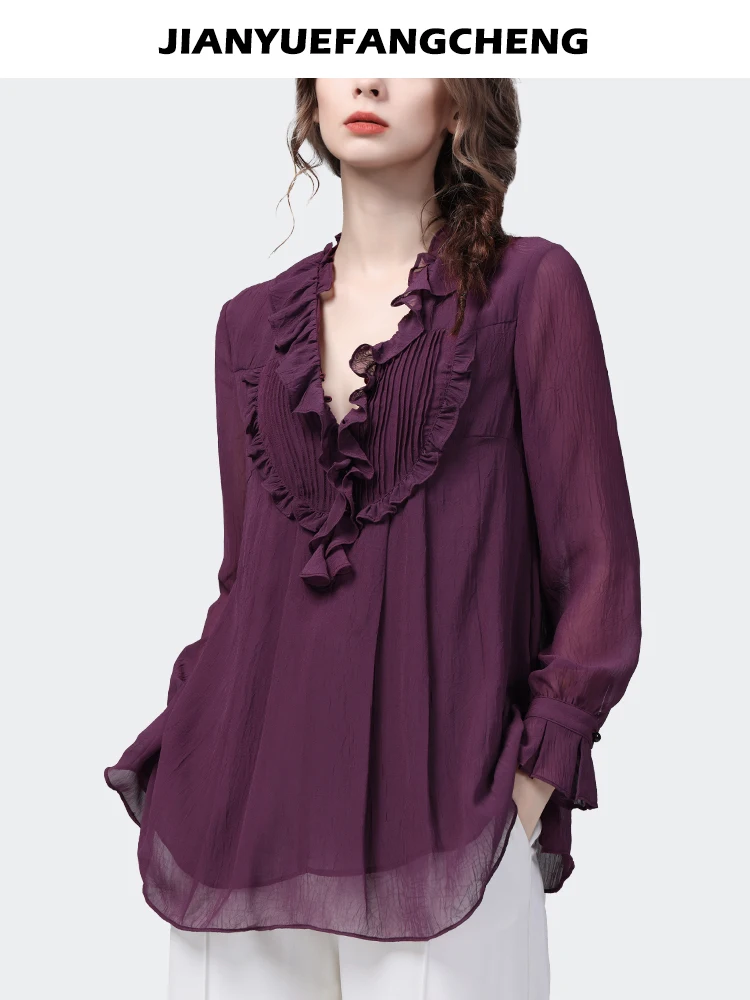 Loose-fitting Purple Ruffles Chiffon Blouse Women\' 2024 Spring Summer Tops Long Sleeve V-Neck Fashion Casual Office Lady Blous