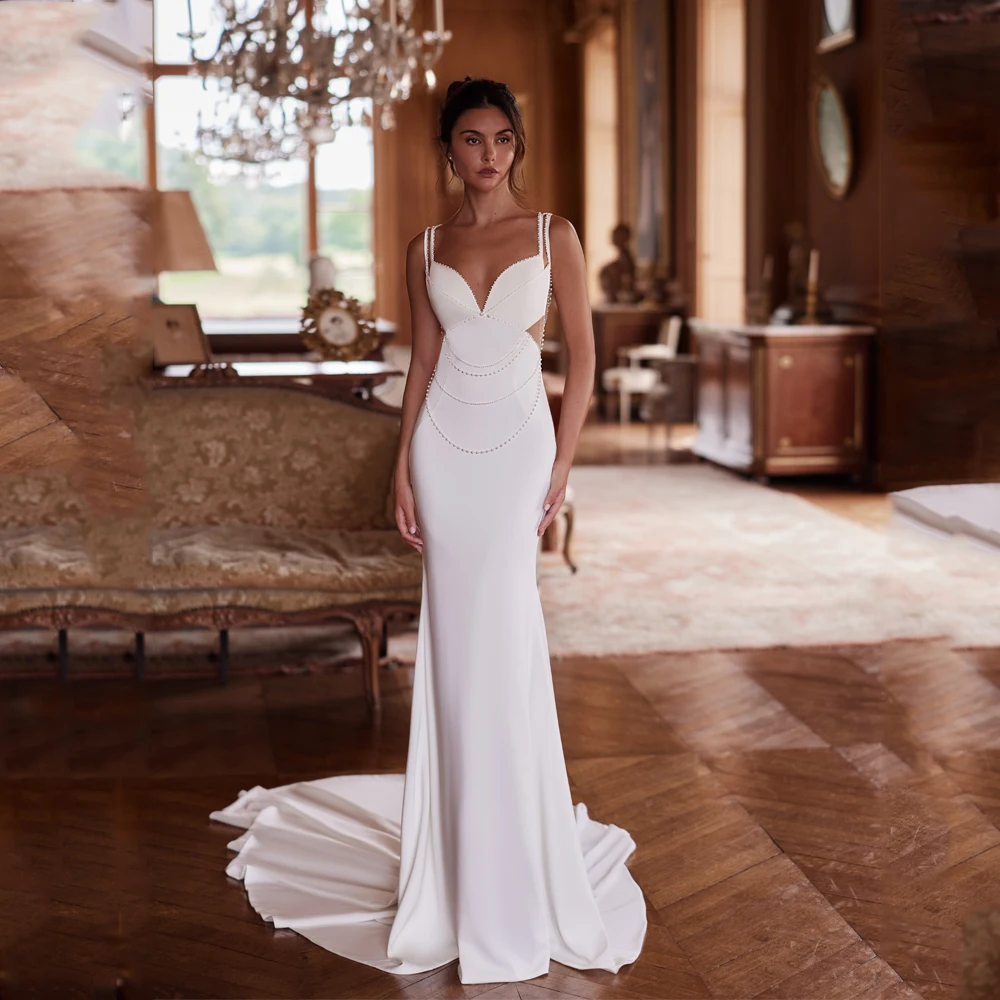 

Backless Wedding Dress Mermaid Bridal Gown Customized Sexy Spaghetti Straps V Neck Beaded Zipper Back Satin Robe De Mariee