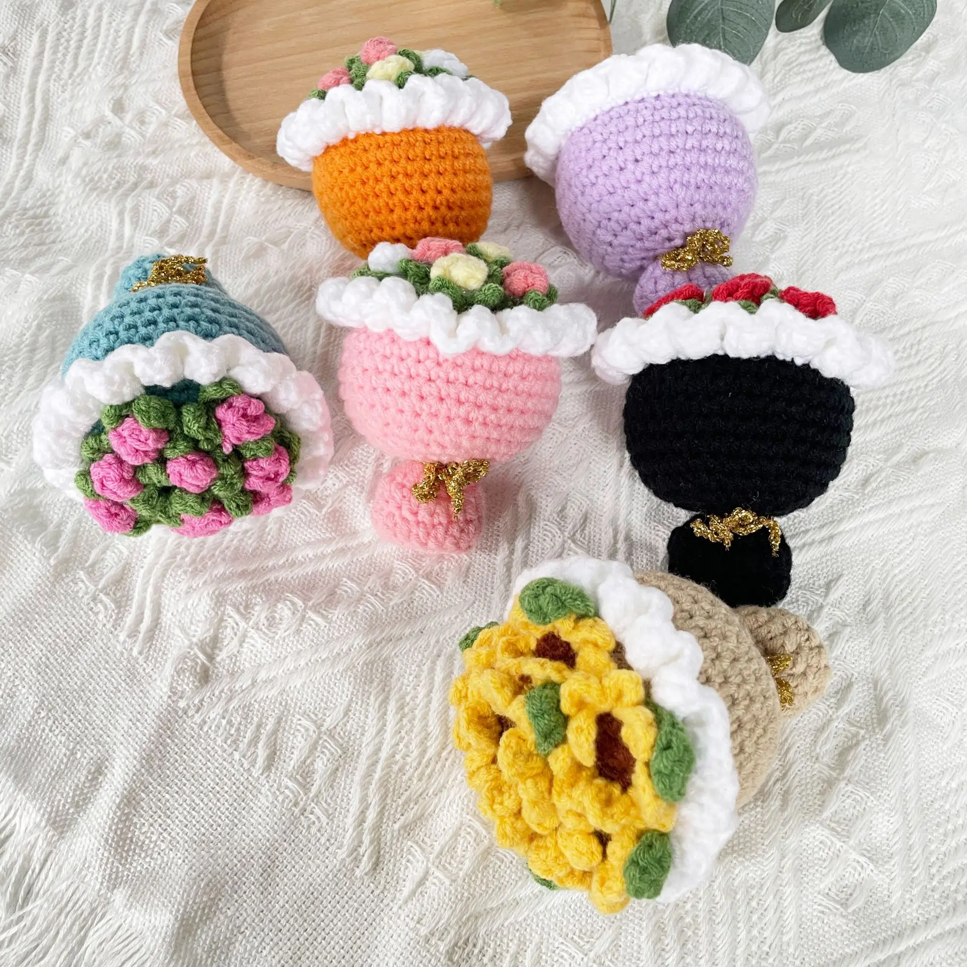 Mini Knitting Colourful Flower Bouquet Handmade Woven Artificial Flower  Mother's Day Gifts Wedding Guest Home Room Decoration