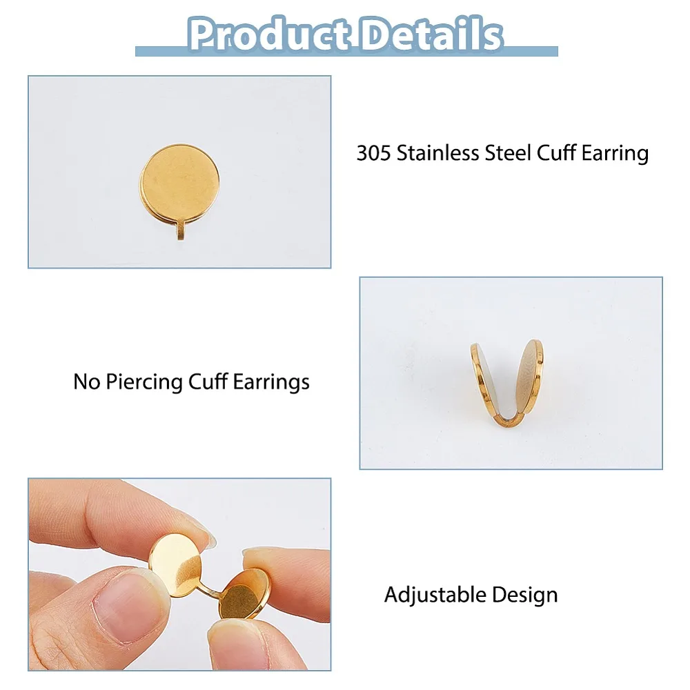 12Pcs 2 Colors 304 Stainless Steel Cuff Earrings Flat Round Golden Stainless Steel Color 13x12mm 6pcs/color view 4