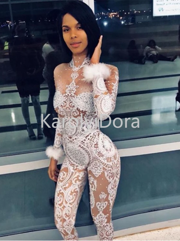 White Sexy Lace Rhinestones Jumpsuit Woman Singer Stage Bodysuit Costume Party Celebrate Unitard Glisten Stones Outfit Baileisi