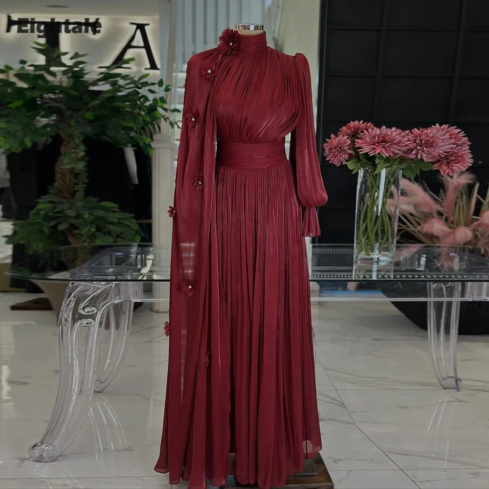 

Eightale Arabic Evening Dress High Neck Pleats Crepe Customized 3D Flowers Muslim Burgundy A-Line Prom Wedding Party Gown