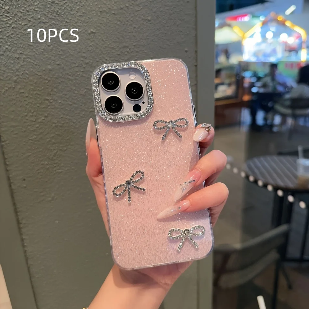 

10PCS Glitter Bling Rhinestone Bow Phone Case Diamond Camera Frame Shockproof Cover For iPhone 17 16 15 14 13 12 11 Pro Max