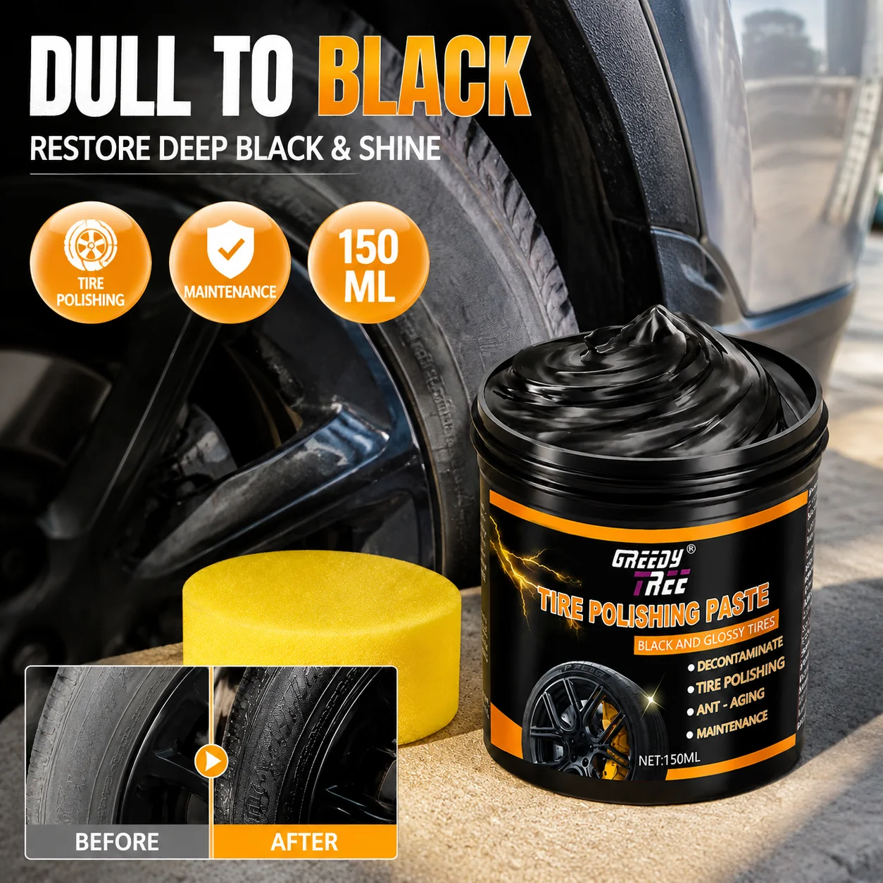 GREEDY TREE Tire Polishing Paste 150ml with Sponge Car Rubber Restorer Black Glossy Finish Anti-Aging Maintenance