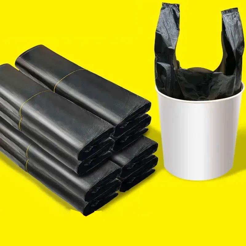 Black Vest Type Plastic Garbage Bag Extra Thick Leak Proof Garbage Bag Portable Home Light Proof Bathroom Bedroom Garbage Bag