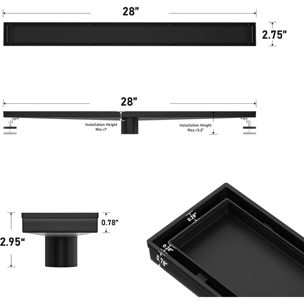تصريف دش الحمام المطور: 28 أسود غير لامع، تصريف سريع، إدخال البلاط، ستانلس ستيل مع مصفاة شعر ومفتاح تصريف #3