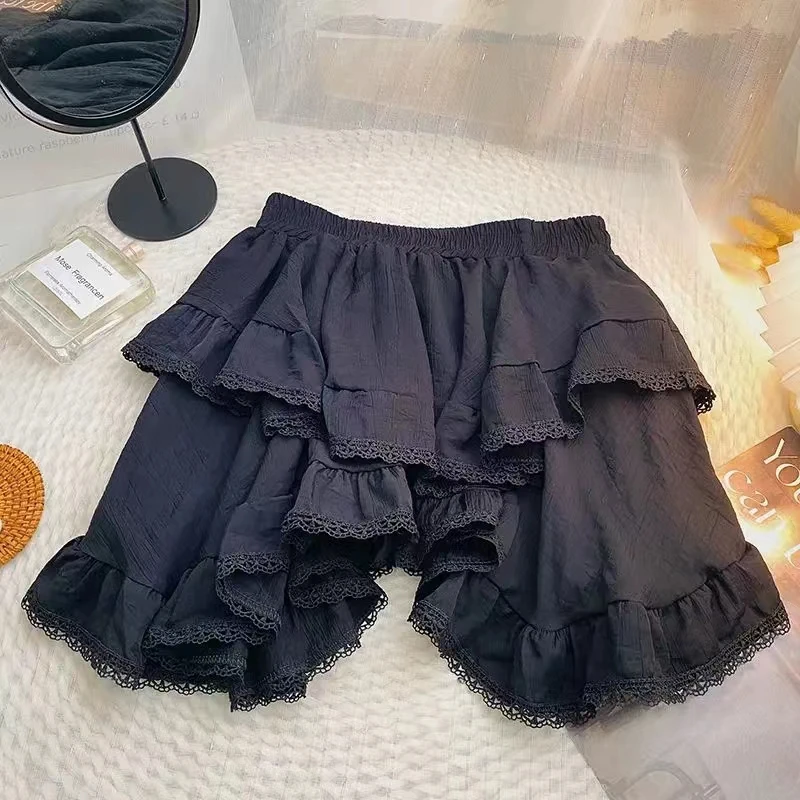 Elastic Waist White Black Irregular Mini Kawaii Skirt Japanese Style School Y2k Aesthetic Ruffles Folds Lace Short Women Skirt