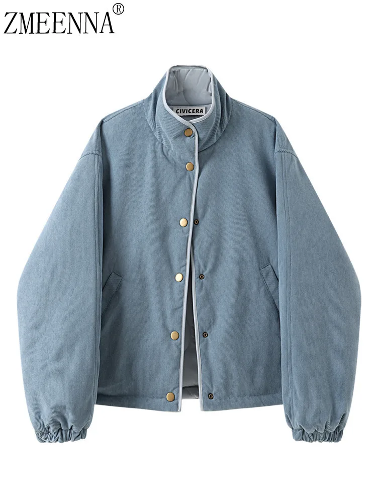 

ZMEENNA Womens Corduroy Short Jacket Blue Stand Collar Oversized Outerwear Retro Casual Fall Spring Winter Coat ZM4687