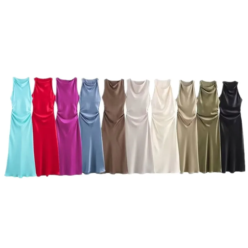 Ele Silk Satin Midi Dr. Frühling 2024 Damen Faion Sli Dr Casual Round Neline Svel Slim Fit H Version