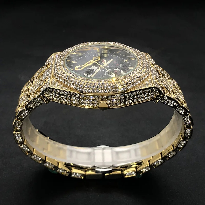 Automatic Watch For Men Luxury Full Ice Out Hip Hop Tourbillon Watches Bling Diamond Gold Male Mechanical Clock Dropshipping