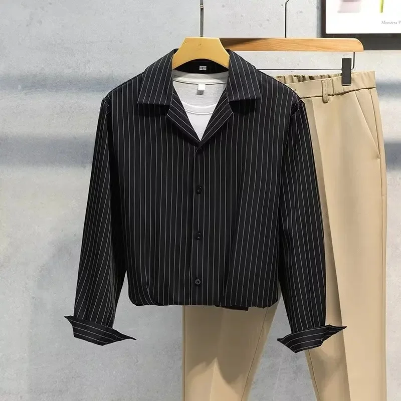 Casual Navy Blue Vertical Striped Men Blouse Cuban Collar Loose Fit Daily Commuter Long Sleeve Shirt