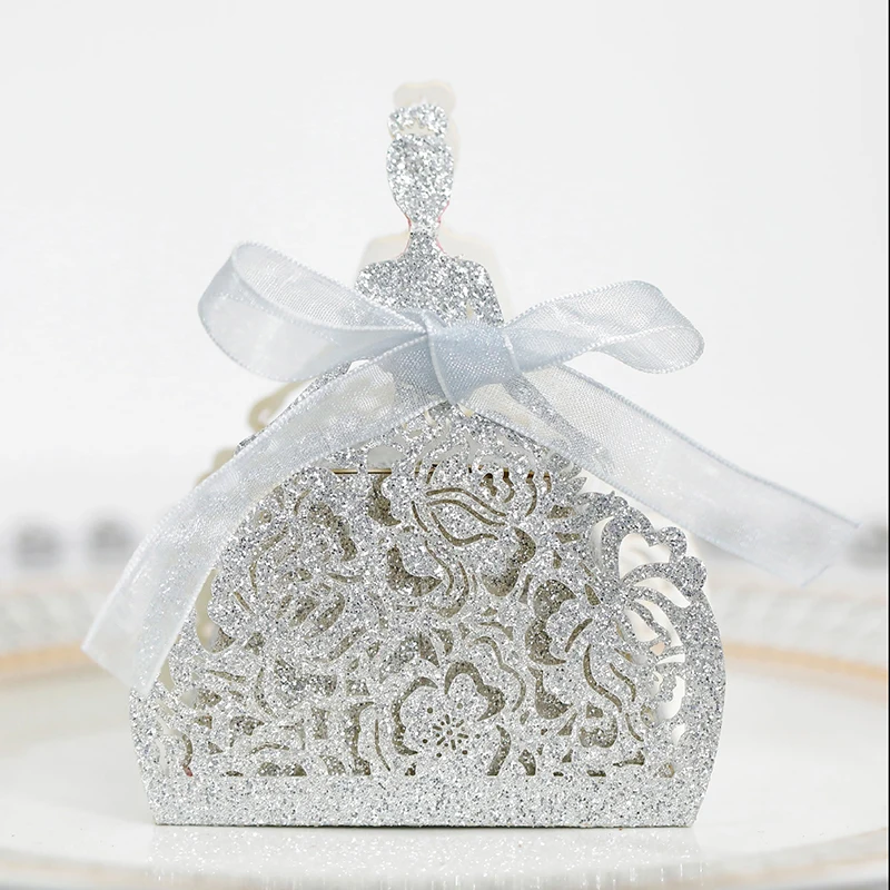 10Pcs/set Bride Flower Dresses Candy Box Laser Cut Box Gifts Bags Favor Boxes Wedding Birthday Parties Glitter Packing Supplies