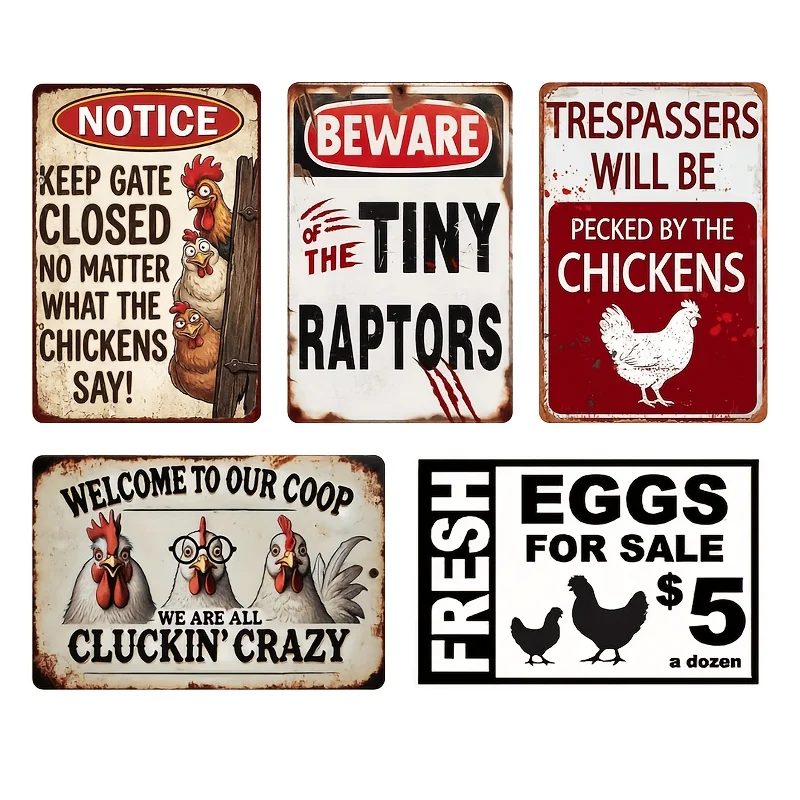 5pcs [2D Flat] 5-Pack Funny Chicken Coop Vintage Metal Signs, Farmhouse And Backyard Humor Slogan Wall Plaque for Farm Coop Pati