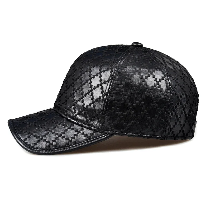 Unisex Genuine Leather Rhombus Check Embroidered Baseball Cap Women Retro Casual Peaked Hat men Fishing Trucker Gorras