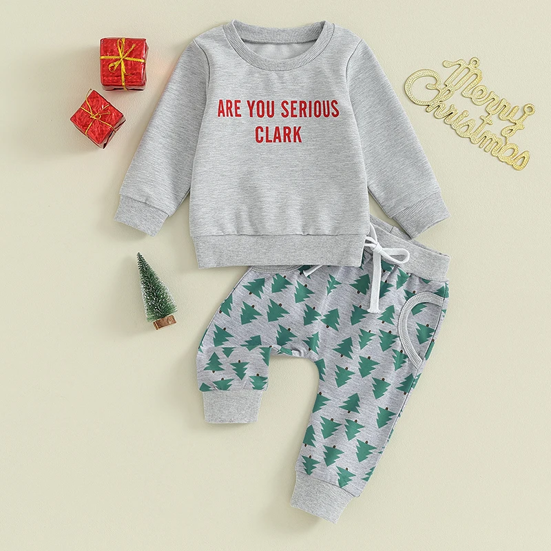 Conjuntos de 2 piezas de Navidad para niños, jersey de manga larga con estampado de renos, árbol de Navidad, muñeco de nieve, pantalones con estampado de elfo, conjuntos para niños