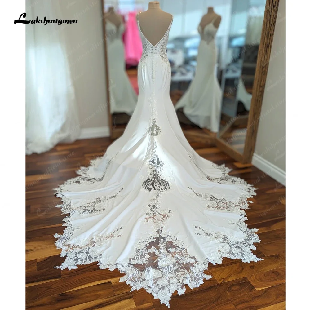 

Lakshmigown Bohemain Mermaid Wedding Dresses Spaghetti Straps For Women Marriage Appliques Crepe Soft Satin Vestidos De Novia