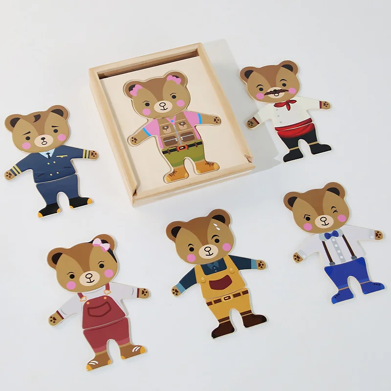 Wooden Toy Montessori Cartoon Animal Changing Clothes Jigsaw Bear Clothes Changing Shape Matching Puzzle Kids Educational Toys