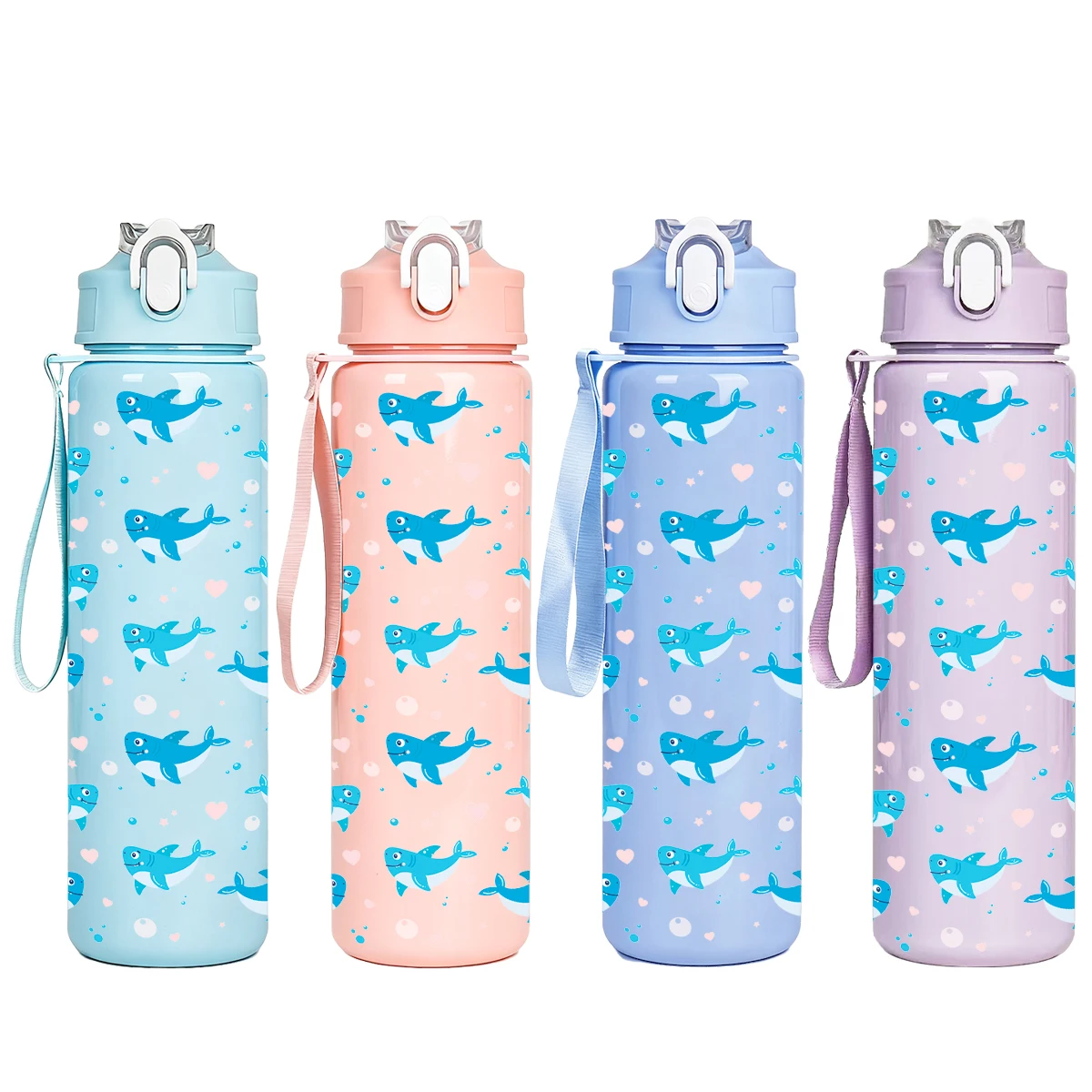 Plastic Water Bottle Cute Whale Pattern Leakproof Flip Top Sports Bottle with Lanyard Portable Non-insulated Drinking Cup for Sc