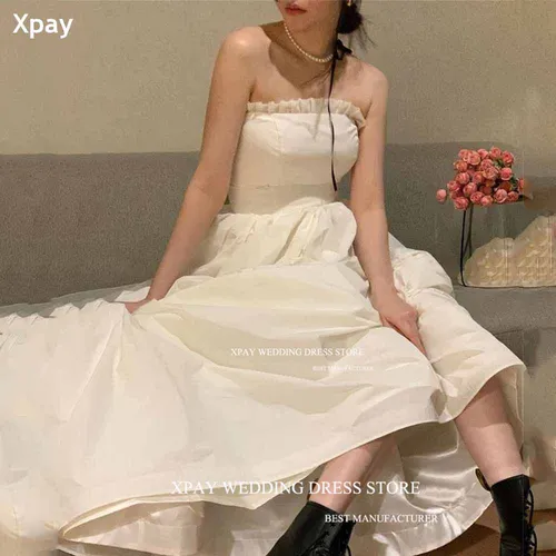 XPAY 심플 태피터 한국 A 라인 웨딩 드레스, 구김 백리스 신부 가운, 드레이프 사진 촬영 민소매 신부 원피스  Best5