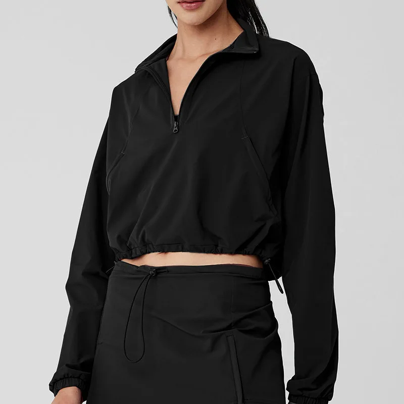 Women Yoga Sports Long Sleeve Crop Tops A-line Tennis Skirt for Golf Pickleball Athletic Skorts Zipper Collar Shirts Fitness Set