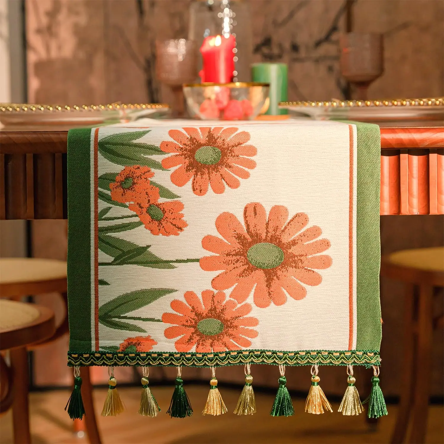 Vintage Floral Table Runner, Retro-Luxury Tassels Series for Kitchen Dining Table Holiday Decoration