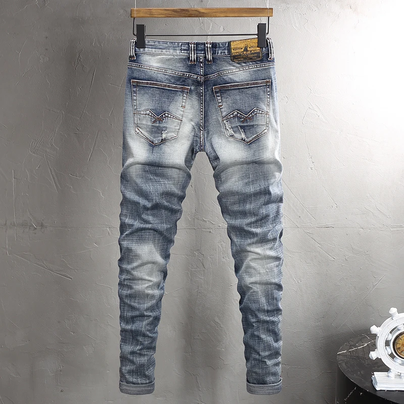 Newly Designer Fashion Men Jeans High Quality Retro Blue Elastic Slim Fit Ripped Jeans Men Trousers Vintage Denim Pants Hombre