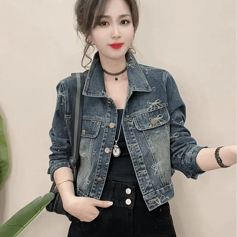 春秋 2024 ハイウエストショート丈長袖ポロ襟デニムジャケット女性のレトロ香港スタイルジャケット
