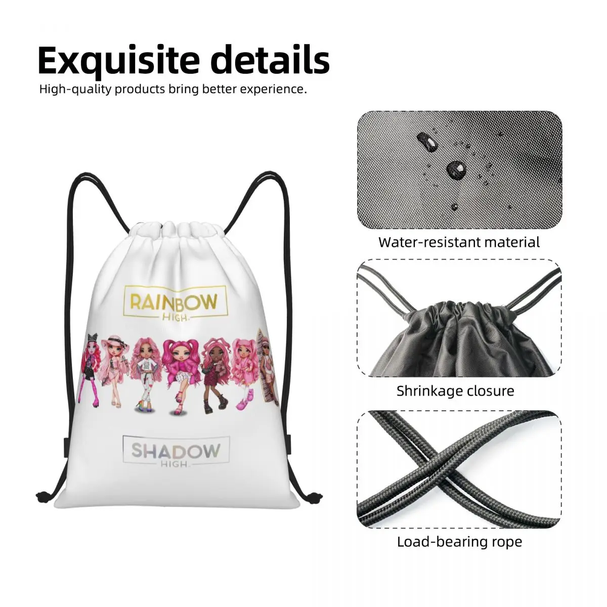 Tas Serut Karakter Pink Rainbow High dan Shadow High Pria Wanita Tas Ransel Latihan Gym Olahraga Lipat