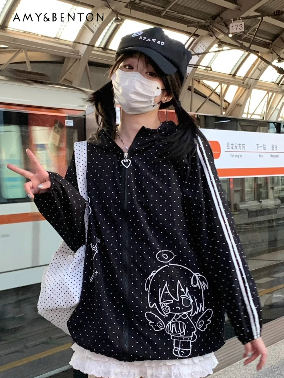 

Subculture Two-dimensional Animation Printing Polka Dot Hooded Jacket Summer Harajuku Gothic Splicing Color Oversized Coat Women