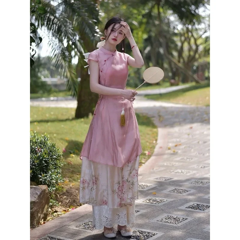 Robe Qipao traditionnelle chinoise pour femmes, col montant rose, manches courtes, robe Cheongsam, jupe imprimée beige, robe de soirée pour fille