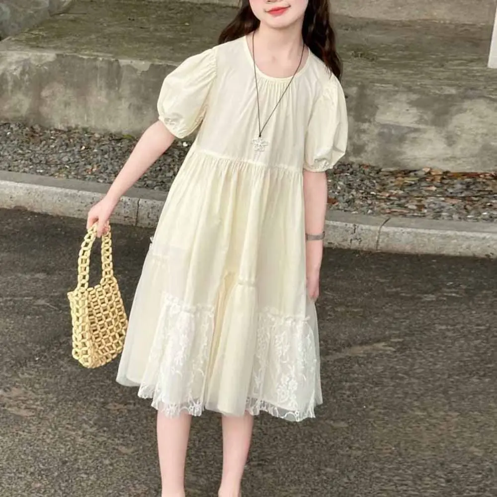 

Sweet Loose Girls Puff Sleeve Dress Lace Pleated Summer Kids Dresses Party Teenagers Children Princess Dress Holiday