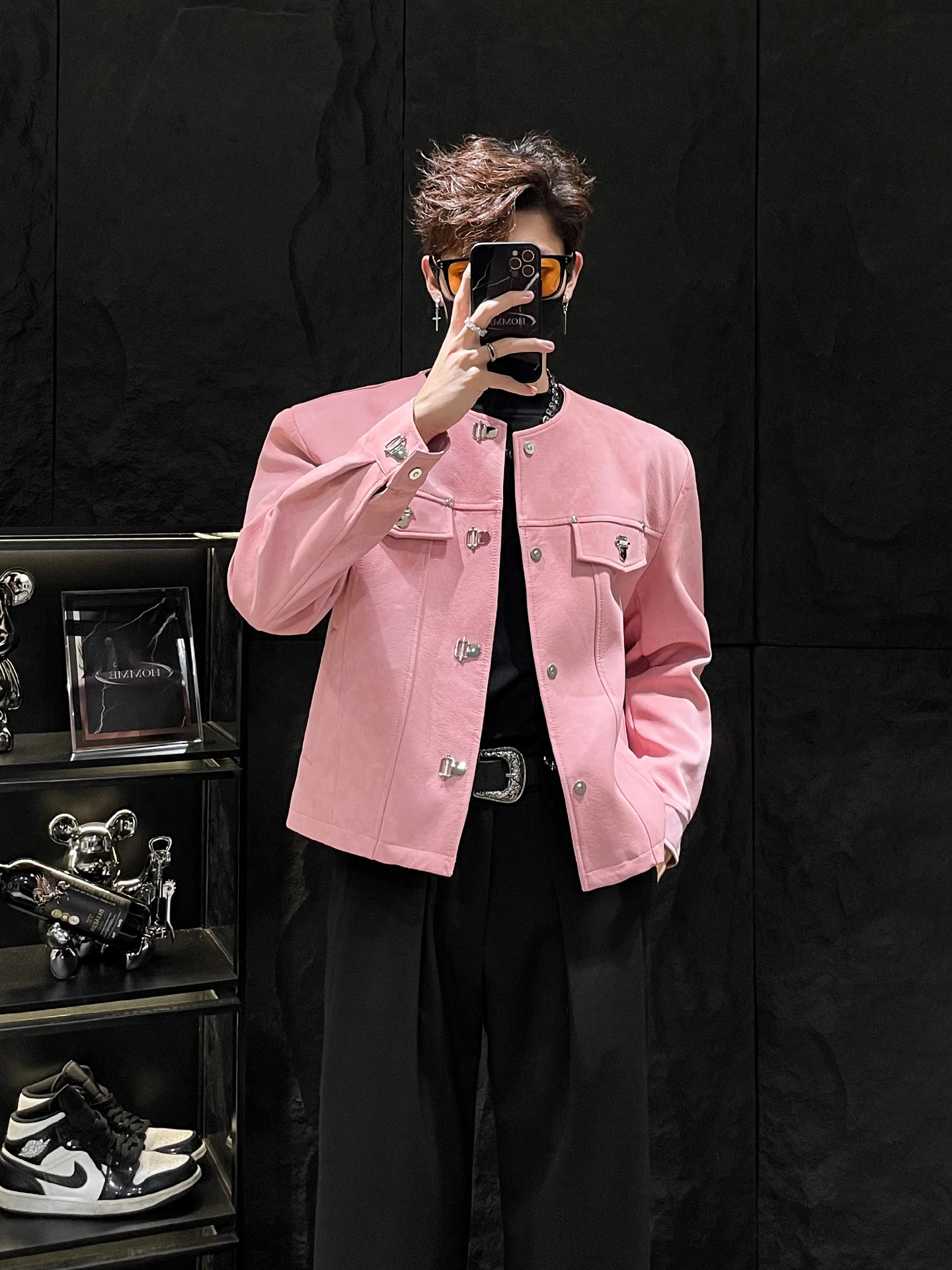 

ort Padded oulder Men's Leather Jaet Metal Bule Design No Collar Pink PU Leather Coat for Autumn Casual Loose Fit