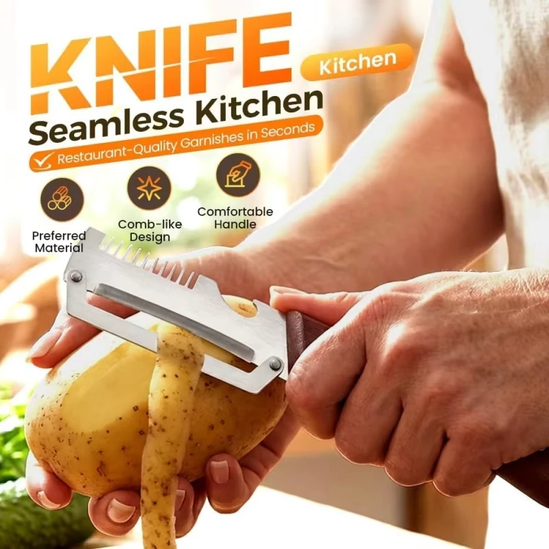 Stainless Steel 3-in-1 Multi-angle Serrated Peeling Knife with Bottle Opener Scallion Shredder Kitchen Tool With Comfort Grip