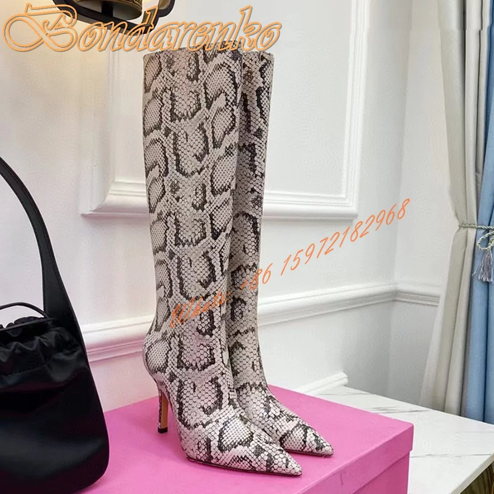 Snake Pattern Designer Boots Pointed Toe Stiletto Heels Knee High Boots Women Sexy Shoes Back Zipper Metal Heels Winter New Shoe