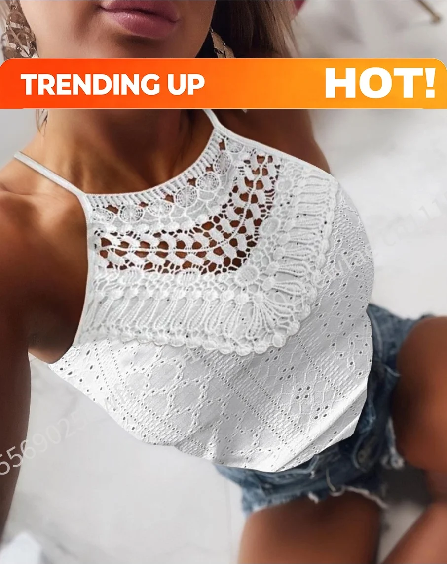 Women's Crochet Knit Hollow Out Halter Tops Sleeveless Tie Back Slim Fit Camisole Top
