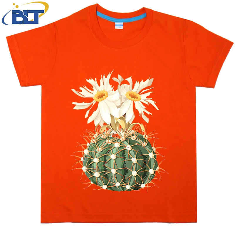 T-shirt per bambini stampata con fiori di Cactus ad acquerello, top casual a maniche corte in cotone estivo, adatto sia per ragazzi che per ragazze