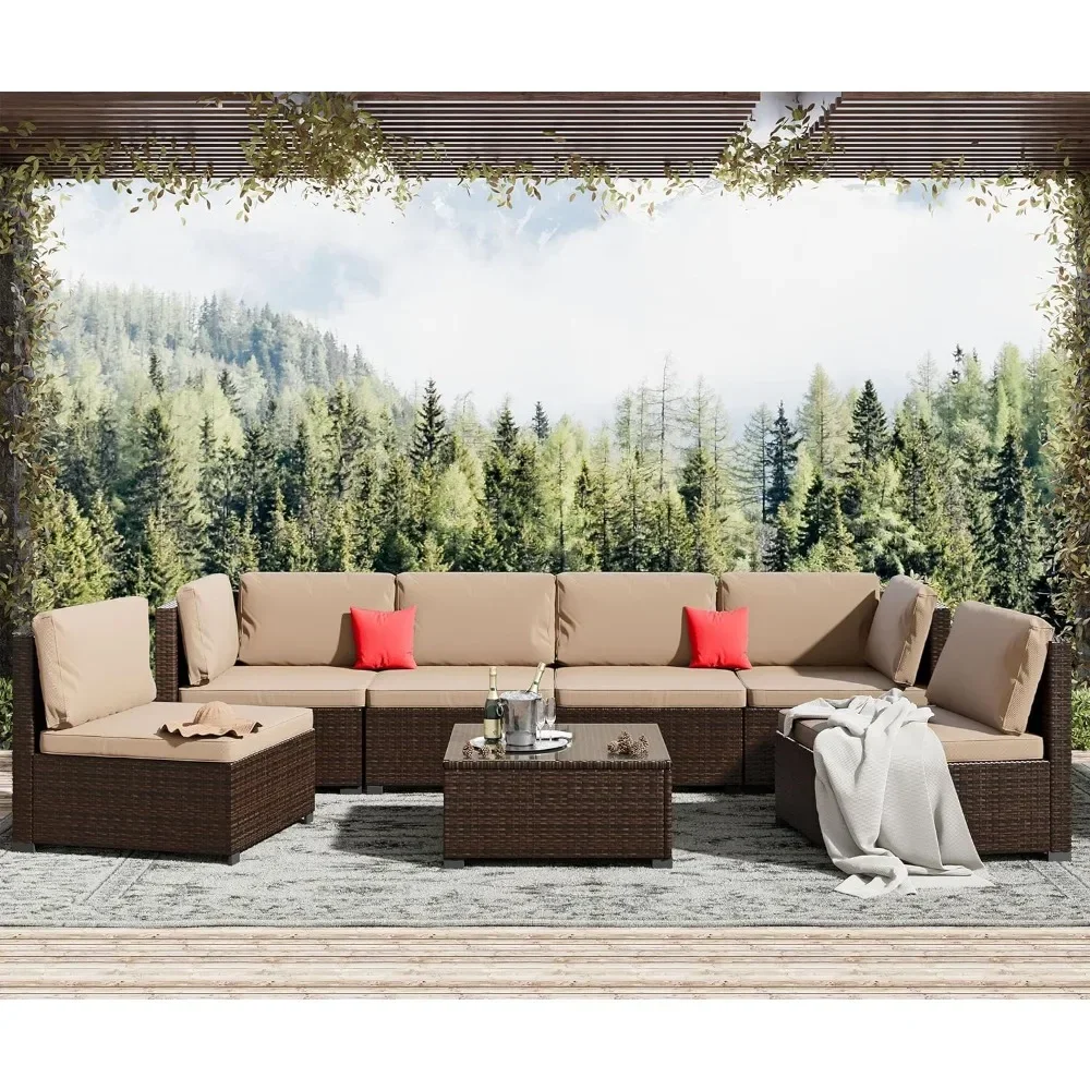 

7 Piece Patio Sofa Furniture Set, All Weather PE Rattan Outdoor Sectional, Outdoor Furniture Patio Sectional Sofa