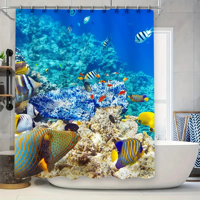 Decoración de baño de cortina de ducha de peces de rifa de coral vibrante con hermoso diseño de vida marina para decoración del hogar (tamaño: 180x240 cm)