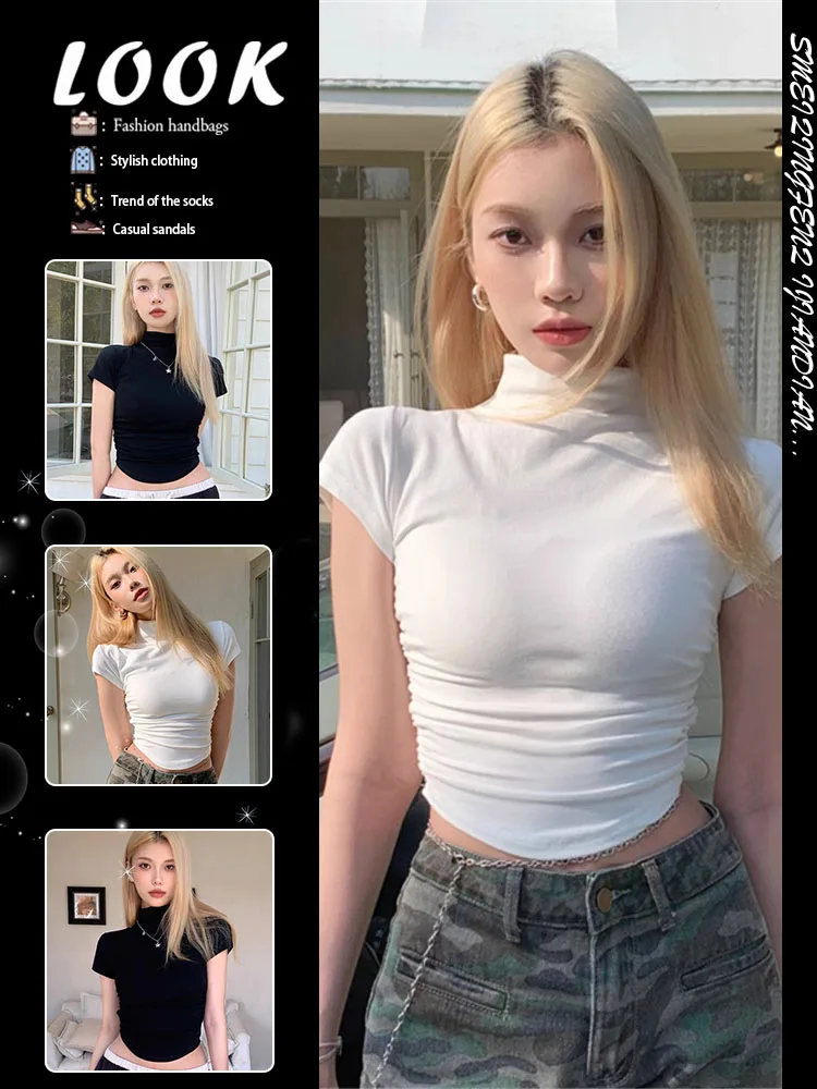 スリムフィット-オルテス-ティーシャツ-レディース-サマー-ピュア-デザイア-ウエストシンチング-ベースシャツ-ハイカラー-ブラック-ホワイト-カジュアル-トップ