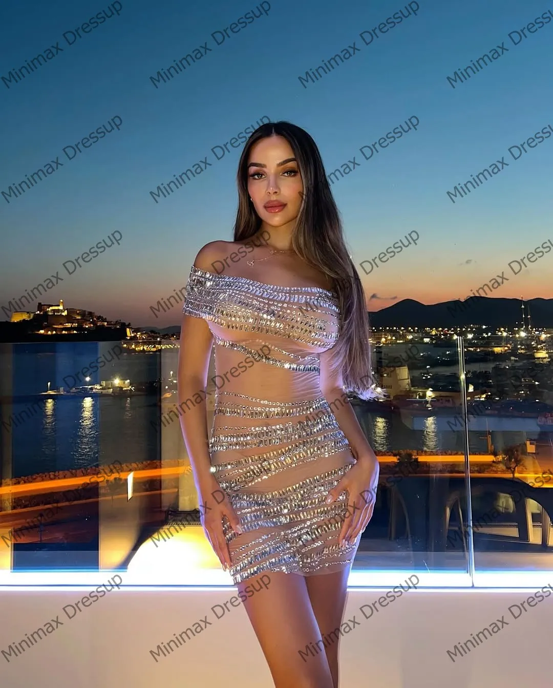 Glanzende kanten mini-cocktailjurken met pailletten voor dames Fonkelende zilveren kristallen Formele feestjurk Elegante avondjurken met mesh kralen