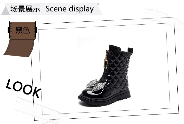 Neue Mädchen-Herbst-Winter-Stiefel mit Schleife und Karomuster, mittelhohe Stiefel mit seitlichem Reißverschluss, rutschfeste, kurze Stiefel, warme, weichsohlige, modische Stiefel für Kinder. – Detail 8