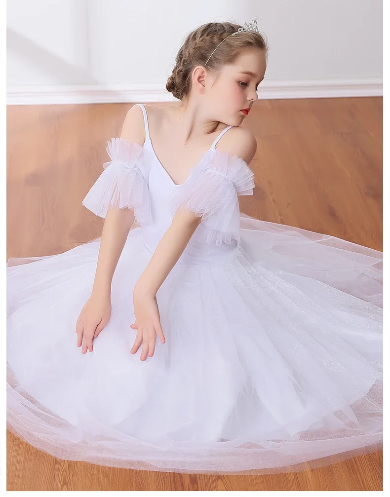 Professional Ballet Tutu Long Tulle Dress Girls White Swan Ballet Dress Performance Dance Ballerina Costume Kids Sling Dress