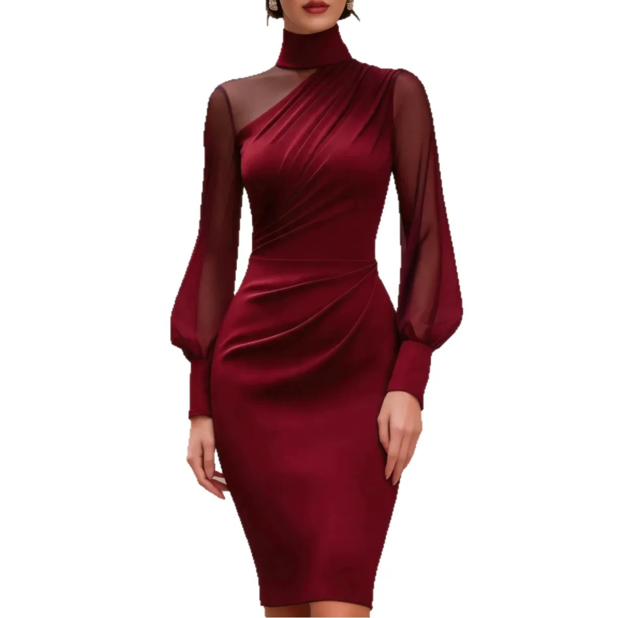 Patchwork Bodycon Gown with Graceful Commuting Zipper Closure Puff Sleeve Elegant High Neck Slim Fit Dress Summer for Women