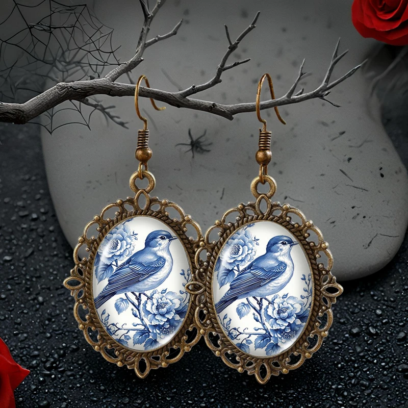 Blue and white sparrows and peonies Picture Oval Glass Cabochon Flower Shaped Fish Hook Earrings Handmade Gifts