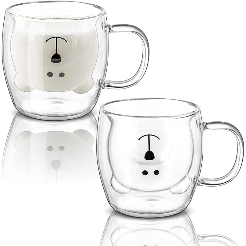 A76I-Cute Bear Design 2 Pack Double Wall Insulated Glass Mugs- 8.5 Oz Coffee Milk Beer Cups For Latte, Cappuccino, Americano,Tea