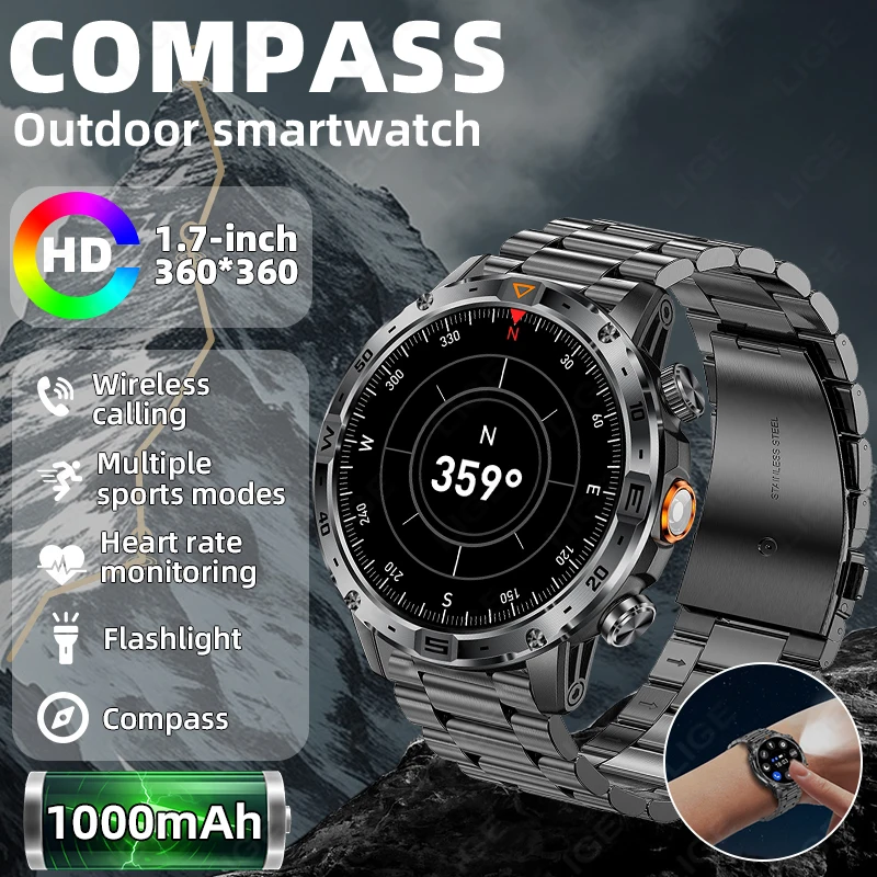 

2025 Новые уличные умные часы для мужчин, 1000 мАч, большой аккумулятор, фонарик, военные часы, компас, Bluetooth, водонепроницаемые умные часы