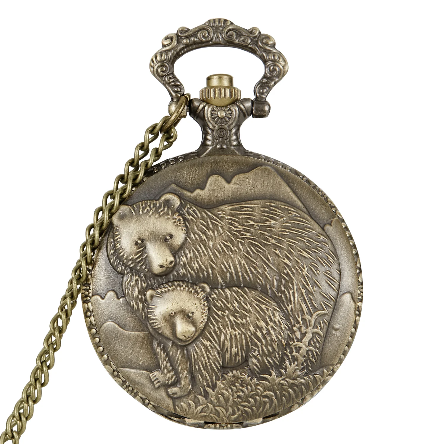 Two Bears Quartz Pocket Watch Necklace Chain Pendent Retro Mens Bronze Vintage Pocket Watches