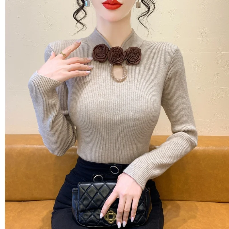 

Ele Hollow out Long Sve Stand Collar Diamond Embellied Base irt Women's Autumn Winter New Sle Special Knitted Top